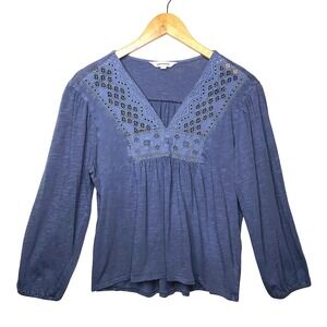 Lucky Brand Blue Embroidered V Neck Peasant Blouse Top Large Casual 100% Cotton